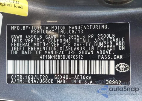2013 Toyota Avalon Xle Touring from USA, damaged, VIN 4T1BK1EB5DU070512